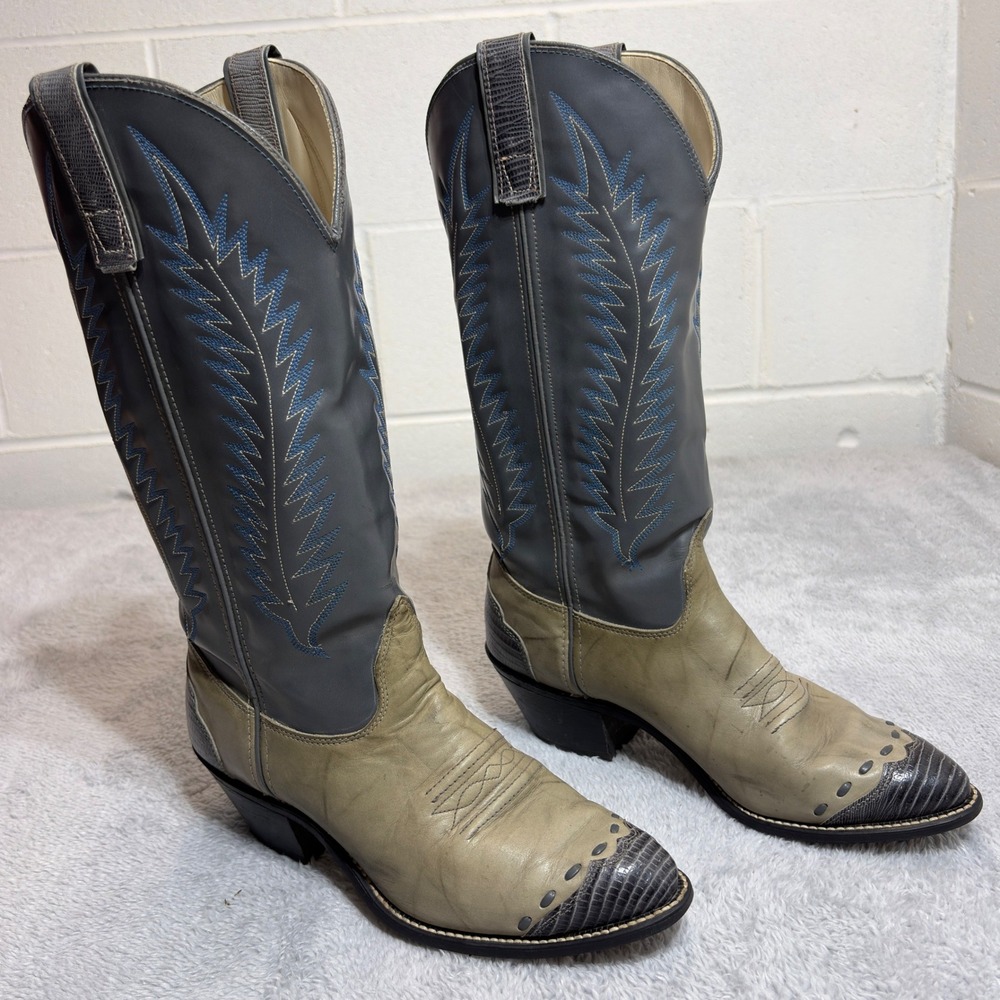Texas Boot Co Western Cowboy Boots Mens 8 M Grey Tan Lizard Embossed USA Vintage